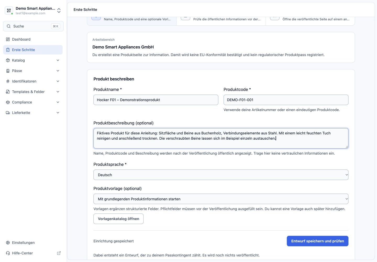 SimpleDPP: Produktname, Produktcode und Beschreibung des fiktiven Hockers unter Erste Schritte