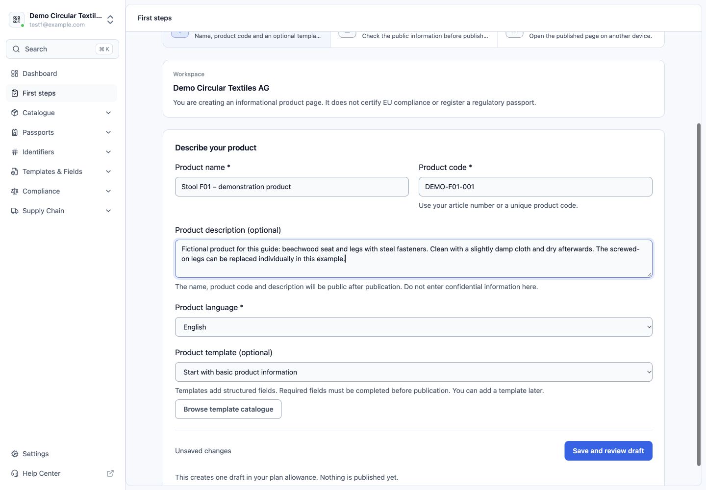 SimpleDPP First steps form with the fictional stool's product name, code and description