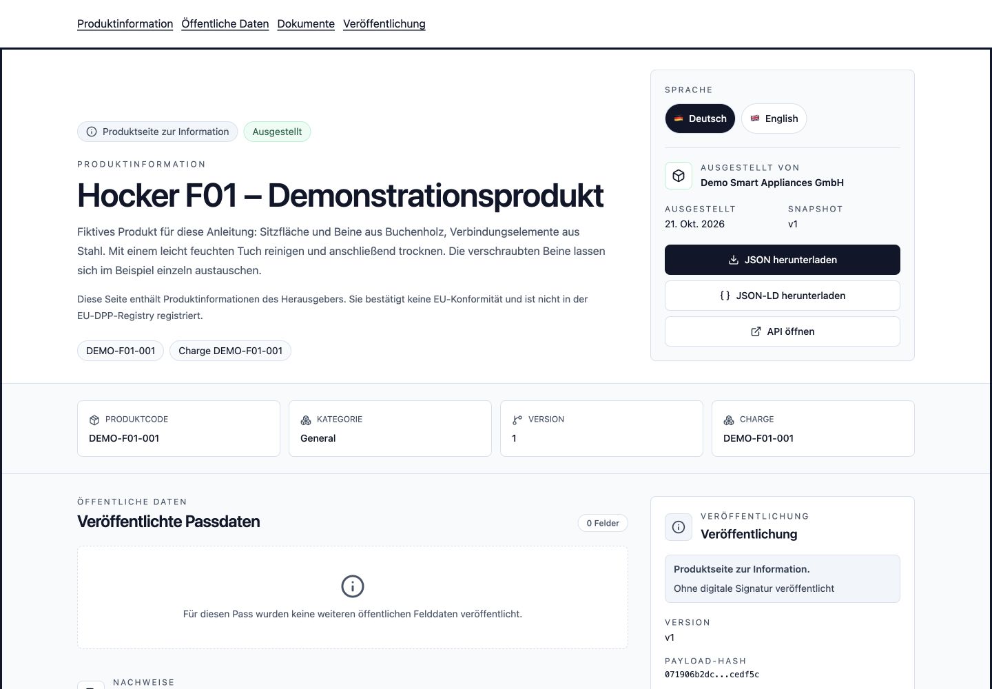 Öffentliche SimpleDPP-Produktseite des fiktiven Hockers mit Beschreibung und Produktcode