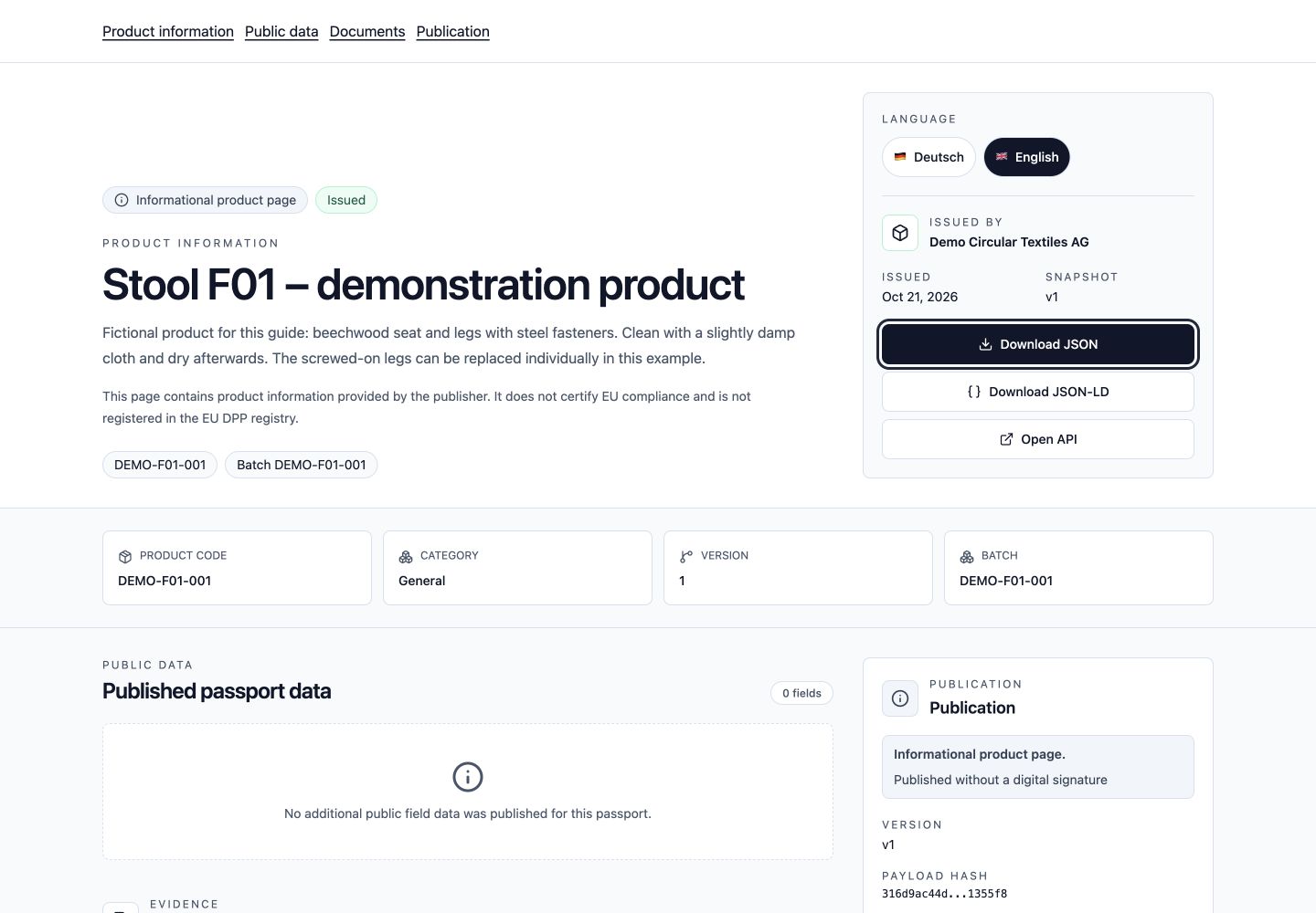 Public SimpleDPP product page for the fictional stool, showing its description and product code