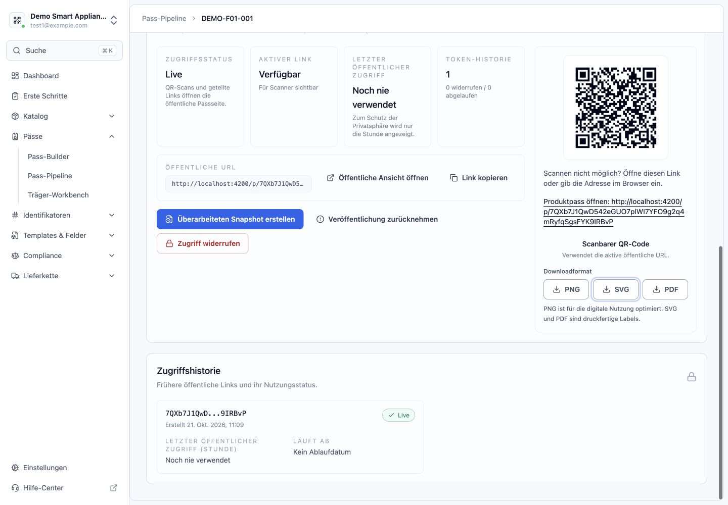 SimpleDPP: aktiver öffentlicher Link mit QR-Code sowie den Downloadformaten PNG, SVG und PDF
