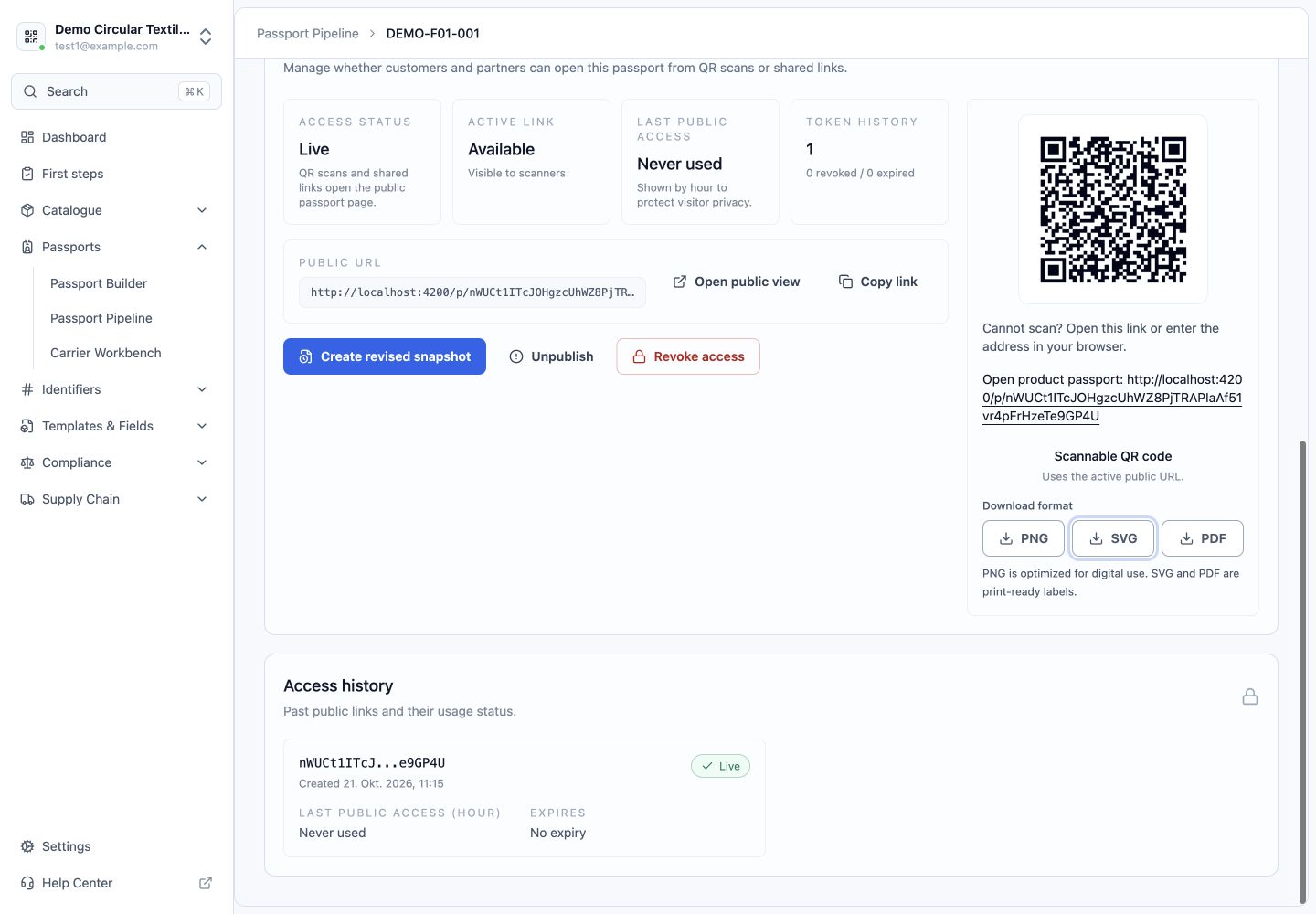 SimpleDPP active public link, QR code and PNG, SVG and PDF download options