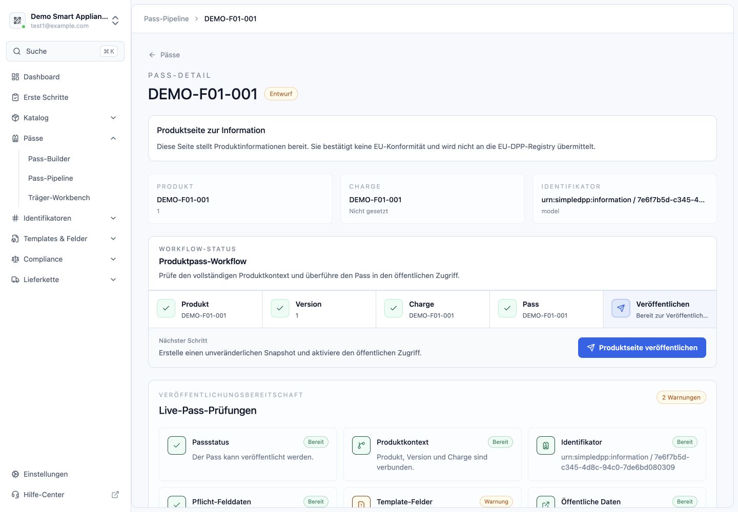 SimpleDPP: Entwurf DEMO-F01-001 mit Veröffentlichungsprüfungen und sichtbaren Hinweisen