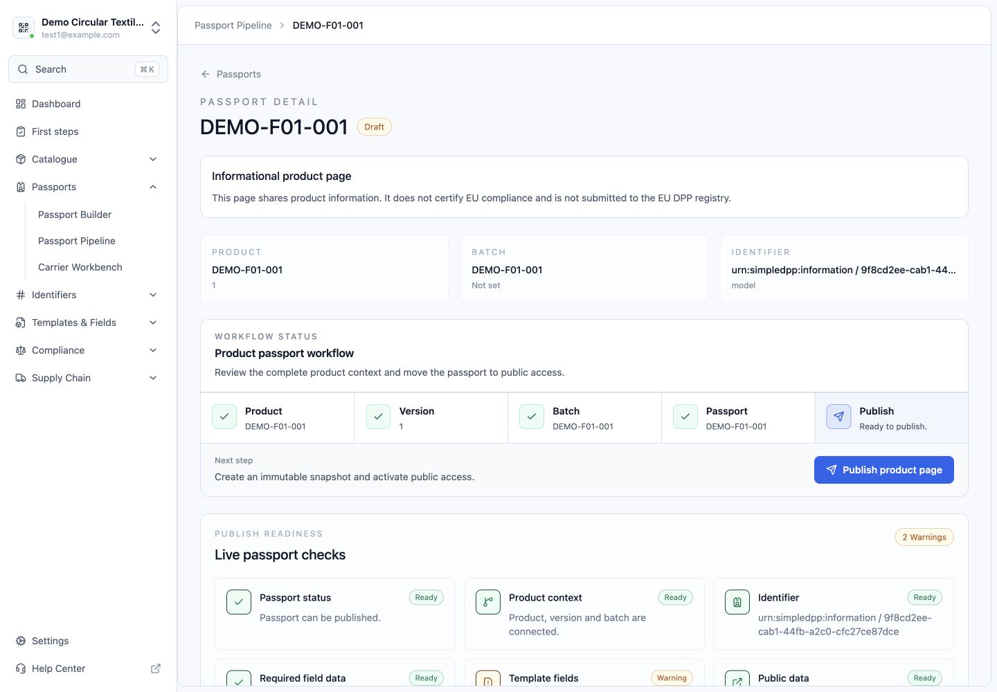 SimpleDPP draft DEMO-F01-001 with publication checks and visible notices