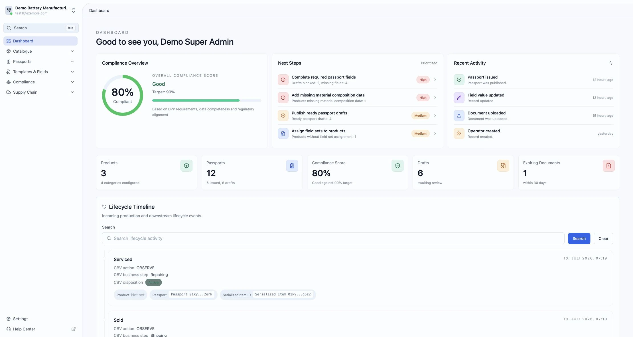 SimpleDPP dashboard for managing digital product passports